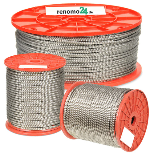 Renomo24 Edelstahlseil V4A Rostfrei 4mm 50m - 7x19. Silbernes, flexibles 7x19-Seil für Zug-, Spann- und Sicherungsaufgaben.