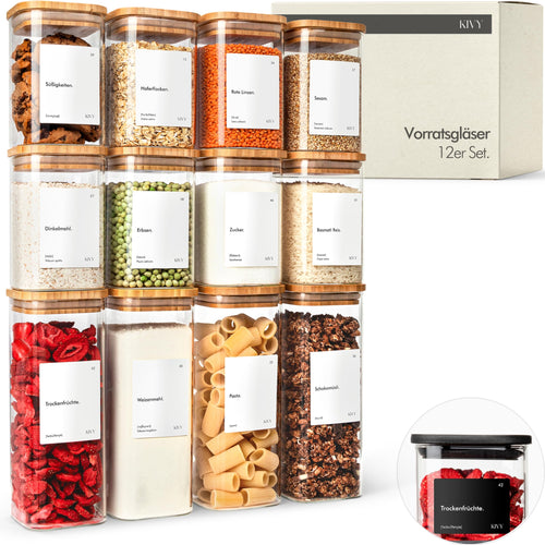 KIVY Vorratsgläser eckig 12er Set – Bambus, Etiketten