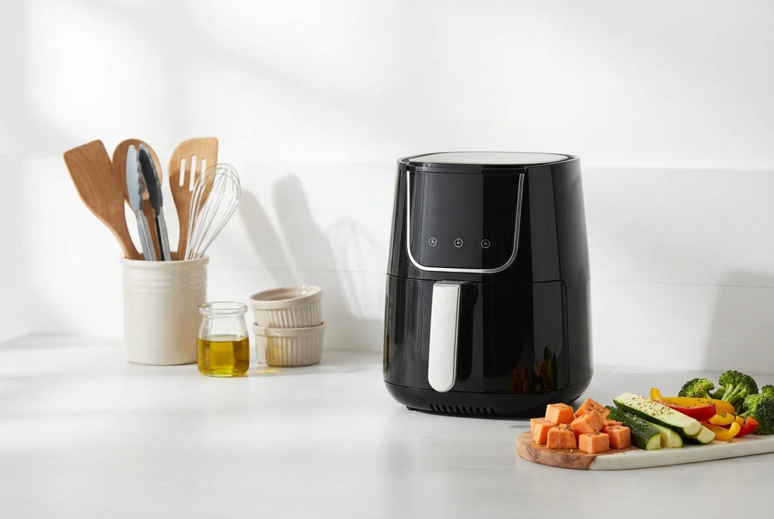 Moderne Heissluftfritteuse auf Küchenarbeitsplatte mit frisch zubereiteten Pommes Frites