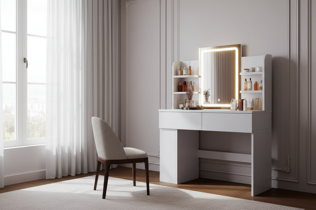 AIRFISH Schminktisch in Weiss mit LED-Beleuchtung, Spiegel und 2 Schubladen in modernem Schlafzimmer