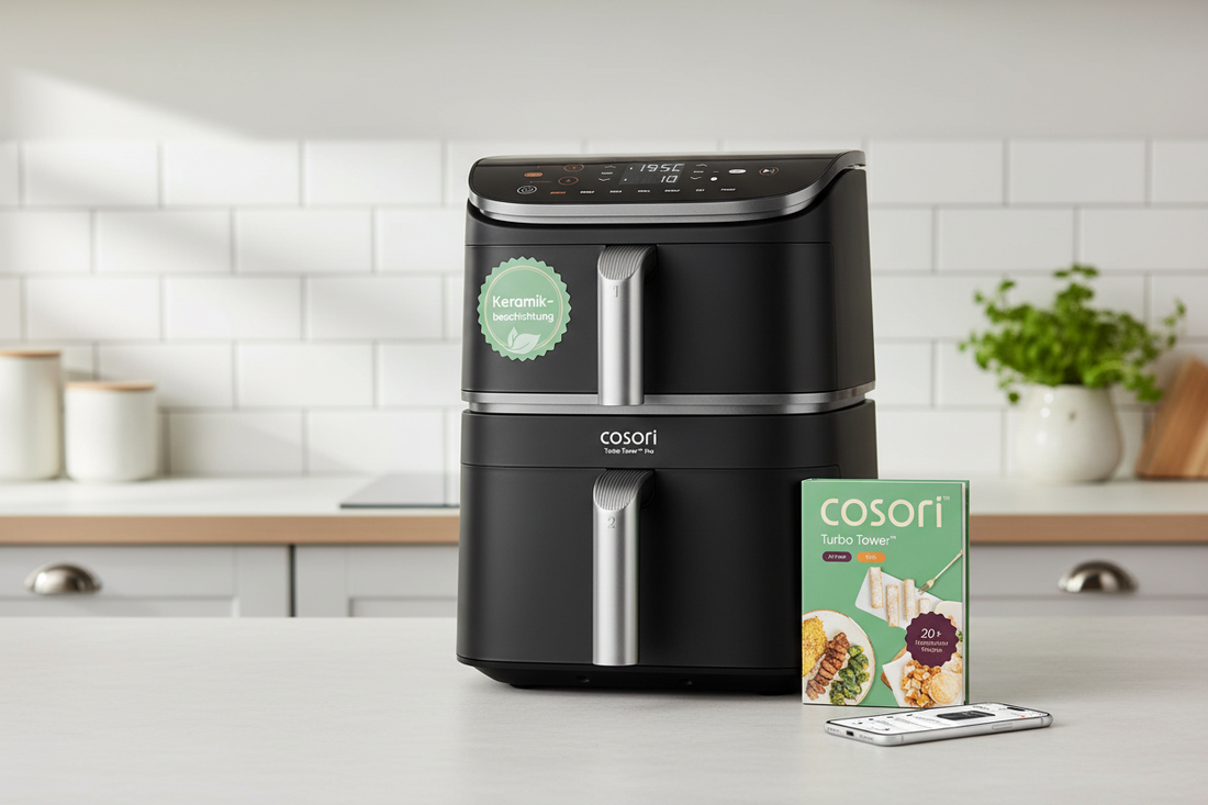 COSORI Turbo Tower 10.8L Heissluftfritteuse Pro Smart mit zwei Kammern und digitalem Display auf Küchenarbeitsplatte