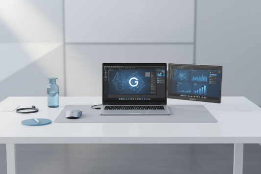 Laptop mit portabler Bildschirm-Erweiterung auf modernem Schreibtisch – Dual-Monitor-Setup für mobiles Arbeiten