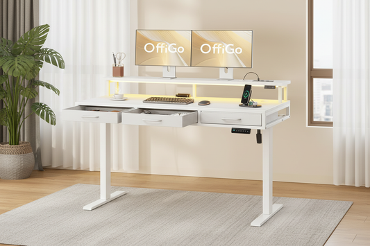 OFFIGO elektrischer höhenverstellbarer Schreibtisch mit integrierten Schubladen in weißer Ausführung