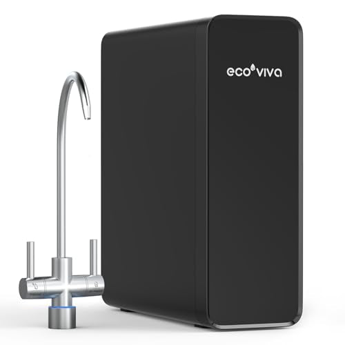 Ecoviva Untertisch Trinkwasser Umkehrosmoseanlage 600 GPD - Schwarz. Kompaktes, schwarzes Gerät. Filtert Leitungswasser mittels Umkehrosmose für reines Trinkwasser.