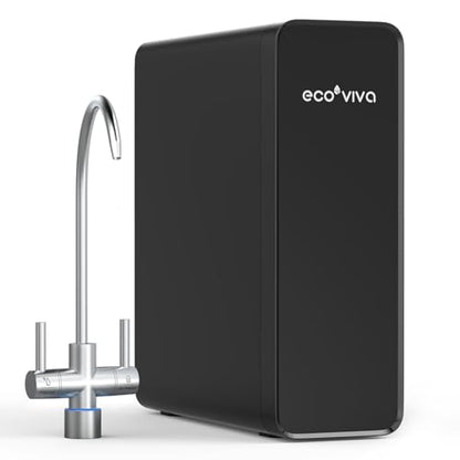 Ecoviva Untertisch Trinkwasser Umkehrosmoseanlage 600 GPD - Schwarz. Kompaktes, schwarzes Gerät. Filtert Leitungswasser mittels Umkehrosmose für reines Trinkwasser.