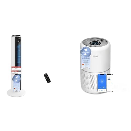 Levoit Luftreiniger Turmventilator Set: Schlanker, weißer Turm reinigt Luft mit HEPA-Filter und kühlt Räume. 