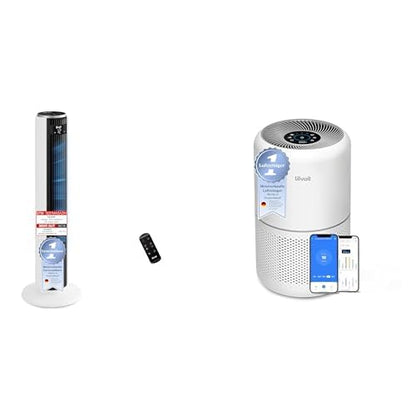 Levoit Luftreiniger Turmventilator Set: Schlanker, weißer Turm reinigt Luft mit HEPA-Filter und kühlt Räume. 