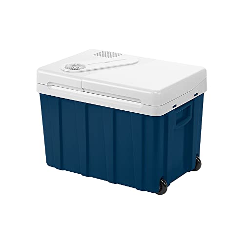 Mobicool MQ40W Kühlbox – Elektrisch, 39L: Blaue, quaderförmige Kühlbox mit Tragegriff. Kühlt Speisen und Getränke im Auto (12V) oder zu Hause (230V).
