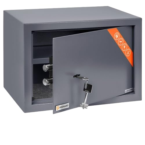 Brihard Familien Safe Tresor – 25x35x25 cm Doppelbartschloss: Grauer Stahlsafe zur sicheren Verwahrung von Wertsachen.