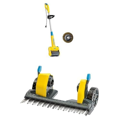 Gloria MultiBrush speedcontrol & FineCut Rasenschneider Set. Grün-schwarzes Elektrogerät mit Rasenschneideraufsatz für variable Oberflächenreinigung und präzisen Rasenschnitt.