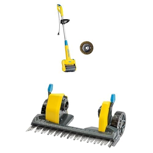 Gloria MultiBrush speedcontrol & FineCut Rasenschneider Set. Grün-schwarzes Elektrogerät mit Rasenschneideraufsatz für variable Oberflächenreinigung und präzisen Rasenschnitt.