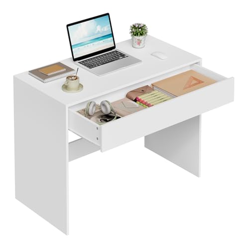 eSituro Schreibtisch mit Schubladen Bürotisch – Weiss 100x50 cm. Weisser rechteckiger Schreibtisch mit integrierten Schubladen, dient als Arbeitsplatz.