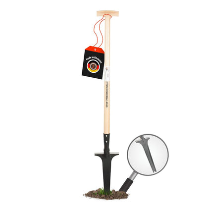 SHW-FIRE Unkrautstecher Profi mit 82 cm Eschenholzstiel und Tritt, handgeschmiedetes Stahlblatt und T-Griff