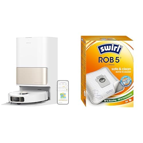 dreame L10 pro Ultra Heat Saugroboter – 4 Swirl ROB5 Beutel Set. Weißer, runder Roboter saugt & wischt mit Heißwasser. 4 Staubbeutel enthalten.