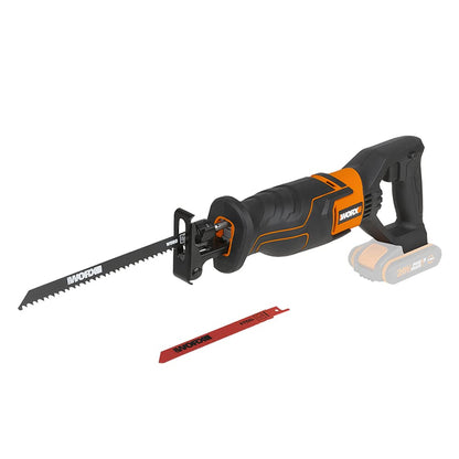 WORX WX500.9 Akku-Säbelsäge 20V – Ohne Akku & Ladegerät. Orange-schwarz, länglich. Zum Trennen von Holz, Metall.