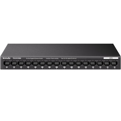 Tenda TEG1016M 16-Port Gigabit Switch, unmanaged, VLAN, lüfterlos – schwarzes Metallgehäuse, Wandmontage