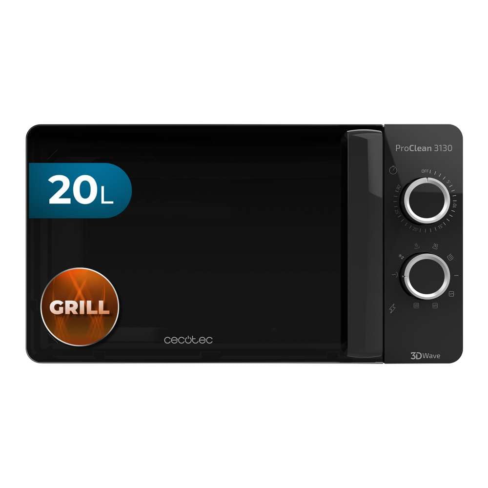 Cecotec Pro Clean 3130 Mikrowelle - Quarz Grill 20 L Schwarz. Rechteckiges schwarzes Gerät. Erhitzt Speisen per Mikrowelle und bräunt mit Quarzgrill.