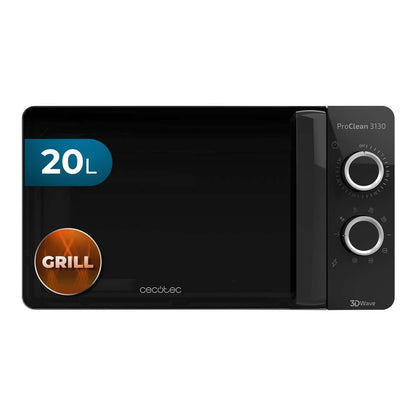Cecotec Pro Clean 3130 Mikrowelle - Quarz Grill 20 L Schwarz. Rechteckiges schwarzes Gerät. Erhitzt Speisen per Mikrowelle und bräunt mit Quarzgrill.