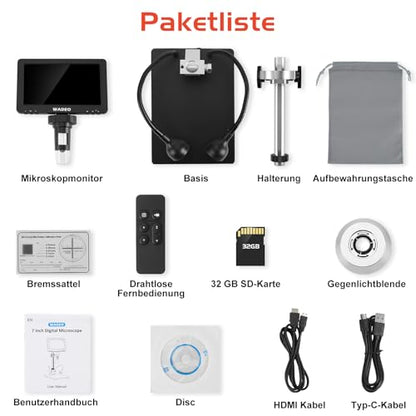 WADEO 7" LCD Digitalmikroskop - HDMI USB inkl. 32GB Karte