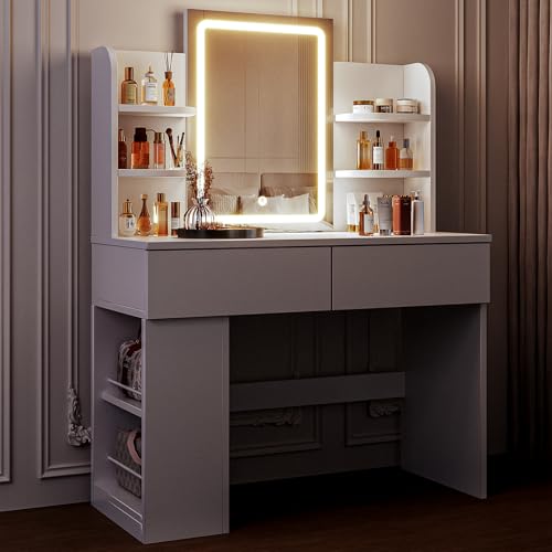 Airfish Schminktisch mit LED Beleuchtung und Spiegel, Weiss. Dieser weiße Tisch mit integriertem Spiegel und LED-Licht ermöglicht präzises Schminken.