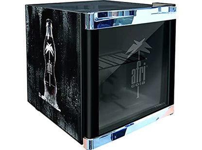 Husky HUS-CC 182 Mini Flaschenkühlschrank – Afri-Cola Edition, schwarzer Kompaktkühlschrank mit Glastür, kühlt Getränkeflaschen.