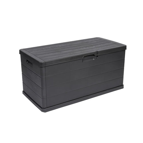 Kreher Kissenbox 340 Liter Holz-Optik Anthrazit mit Sitzfunktion, rechteckige Gartenbox aus Kunststoff mit Deckel