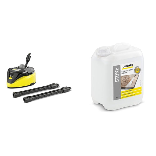 Kärcher T-Racer T 7 Plus Flächenreiniger – Set mit Steinreiniger 5l. Gelb-schwarzes Rundgerät mit Bürstenkranz reinigt Stein- und Fassadenflächen tiefenwirksam, mit 5l Steinreiniger.
