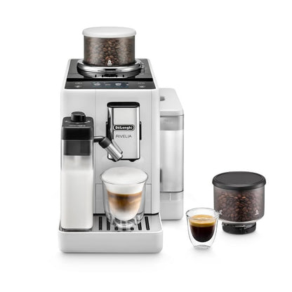 De’Longhi Rivelia Kaffeevollautomat LatteCrema System – Weiss. Brüht Kaffee und Milchschaumgetränke mit feinem Milchschaum automatisch.