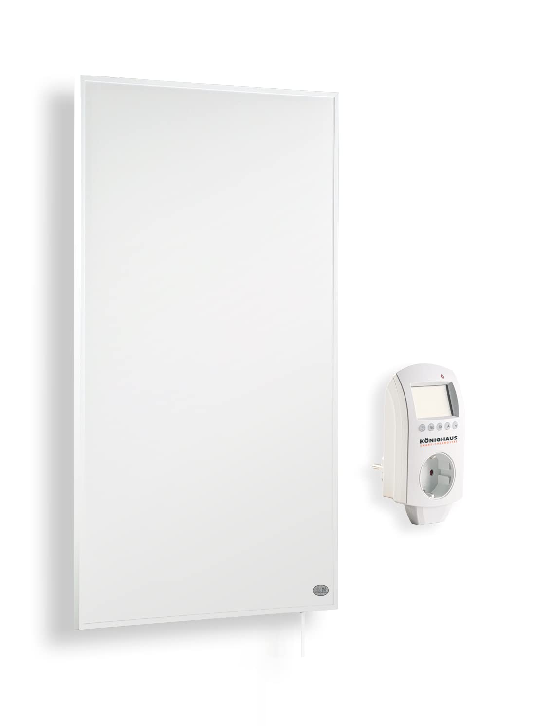 Könighaus Infrarot Wandheizung 600W - Smart Thermostat. Flache, weiße Rechteckplatte. Heizt Räume effizient per Infrarotstrahlung.