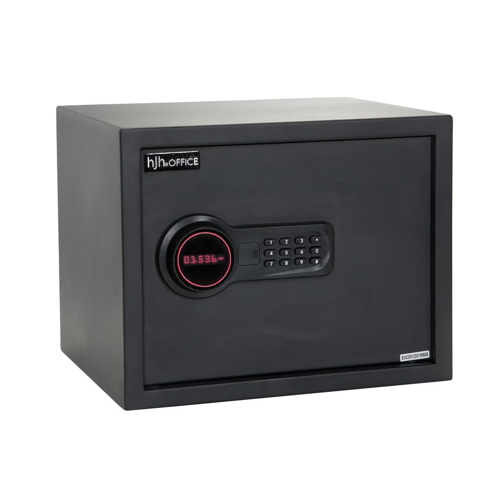 hjh OFFICE COMPACT Safe – Elektronisches Zahlenschloss, Schwarz. Rechteckiger, schwarzer Safe zur sicheren Aufbewahrung von Wertgegenständen mit PIN.