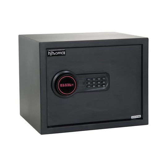 hjh OFFICE COMPACT Safe – Elektronisches Zahlenschloss, Schwarz. Rechteckiger, schwarzer Safe zur sicheren Aufbewahrung von Wertgegenständen mit PIN.