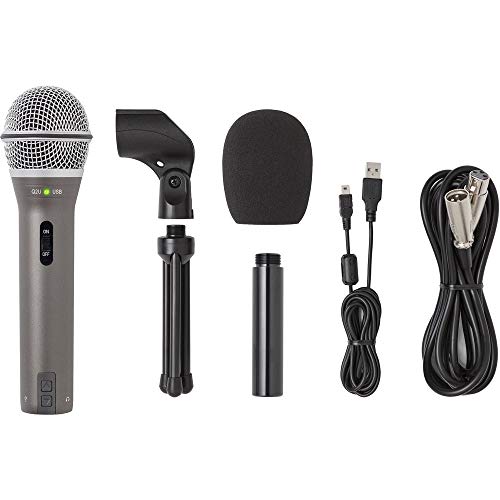 Samson Q2U Mikrofon Set - USB/XLR Podcast Mikrofon Grau. Graues, zylindrisches Mikrofon mit Stativ. Für Audioaufnahmen und Podcasts über USB oder XLR.
