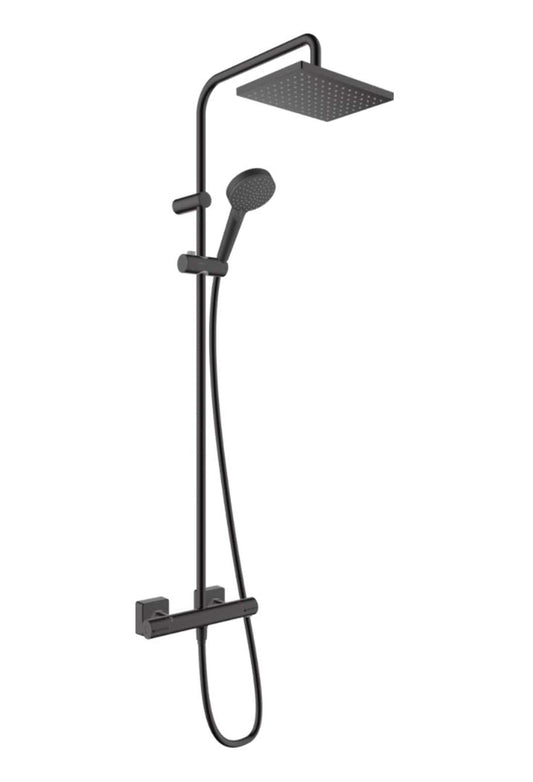 hansgrohe Vernis Shape Duschsystem mit Thermostat Mattschwarz. Mattschwarzes Duschsystem zur Wandmontage. Regelt Wassertemperatur und -fluss.