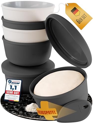LOEWERK Pizzaballenbox 6er Set – Silikon, Schwarz/Grau: Sechs rechteckige, schwarz-graue Boxen zum luftdichten Aufbewahren von Pizzateigkugeln.