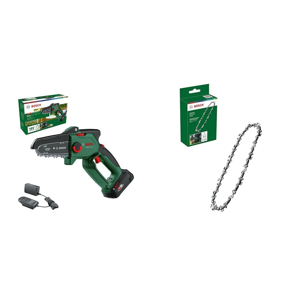 Bosch Akku Mini-Kettensäge EasyChain 18V-15-7 Komplettset. Grün-schwarz, mit kurzer Sägekette für Äste und Holz.