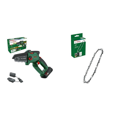 Bosch Akku Mini-Kettensäge EasyChain 18V-15-7 Komplettset. Grün-schwarz, mit kurzer Sägekette für Äste und Holz.