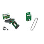 Bosch Akku Mini-Kettensäge EasyChain 18V-15-7 Komplettset. Grün-schwarz, mit kurzer Sägekette für Äste und Holz.