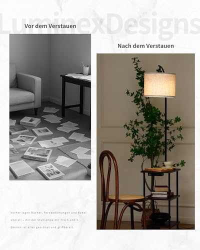 LuminexDesigns Vintage Stehlampe mit Tisch, USB & Typ-C Holz