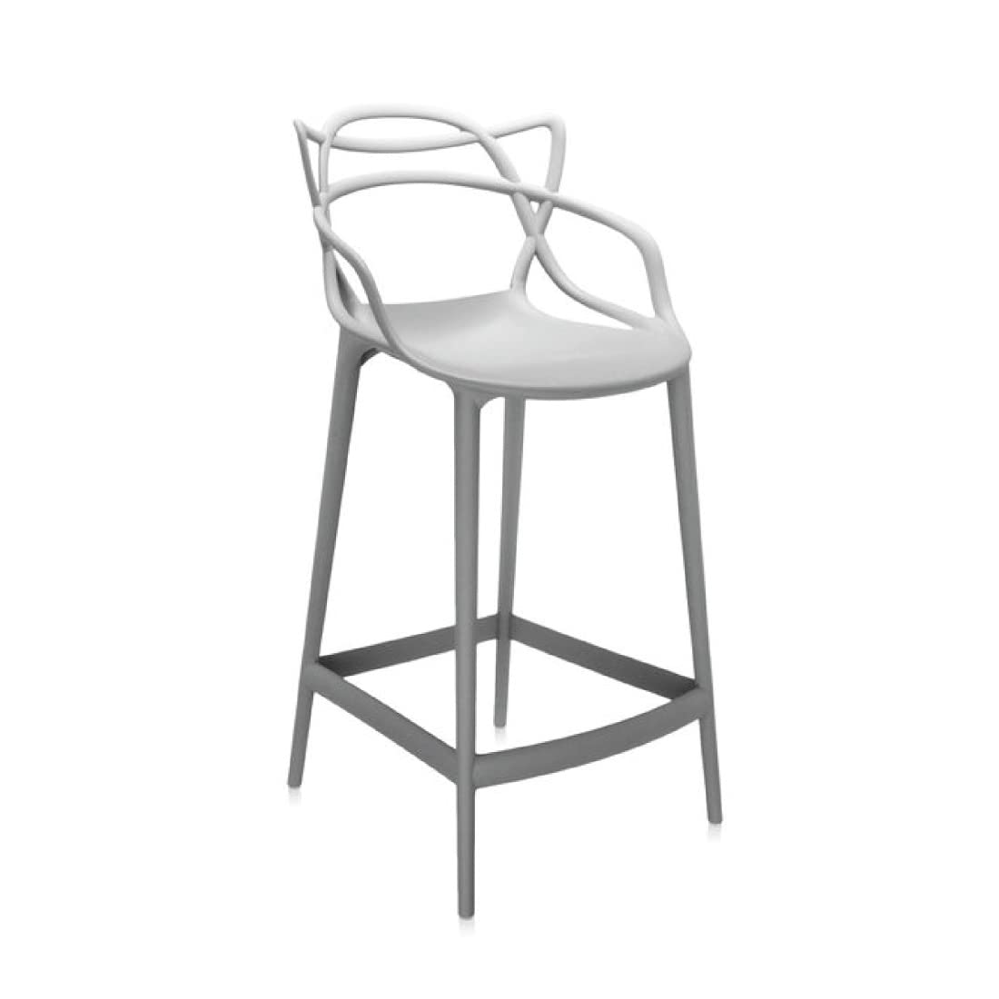 Kartell Masters Stool Hocker in Grau, 65 cm Höhe. Graue Sitzgelegenheit mit ikonischer, verschlungener Rückenlehne, nutzbar für Tresen.