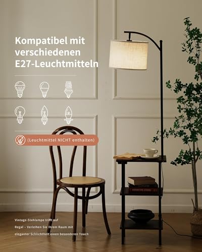 LuminexDesigns Vintage Stehlampe mit Tisch, USB & Typ-C Holz