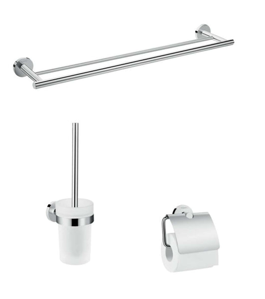 hansgrohe Logis Universal Bad Zubehör Set - 3-teilig Chrom. Für die Wandmontage im Badezimmer zur Organisation von Handtüchern und Badartikeln.