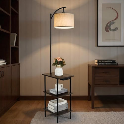 LuminexDesigns Vintage Stehlampe mit Tisch, USB & Typ-C Holz