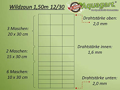 Aquagart Wildzaun 150/12/30 Knotengitter Zaun 50m
