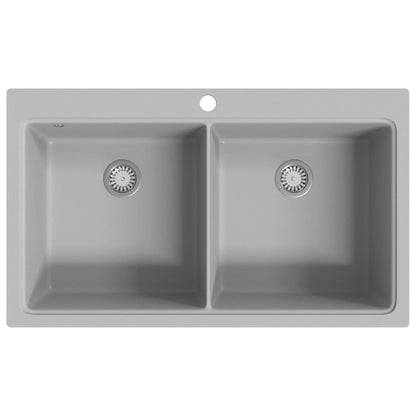 vidaXL Doppelbecken Granitspüle Küchenspüle 860x510mm. Rechteckige Form mit zwei Becken zum Geschirrspülen in der Küche.