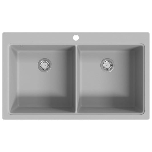 vidaXL Doppelbecken Granitspüle Küchenspüle 860x510mm. Rechteckige Form mit zwei Becken zum Geschirrspülen in der Küche.
