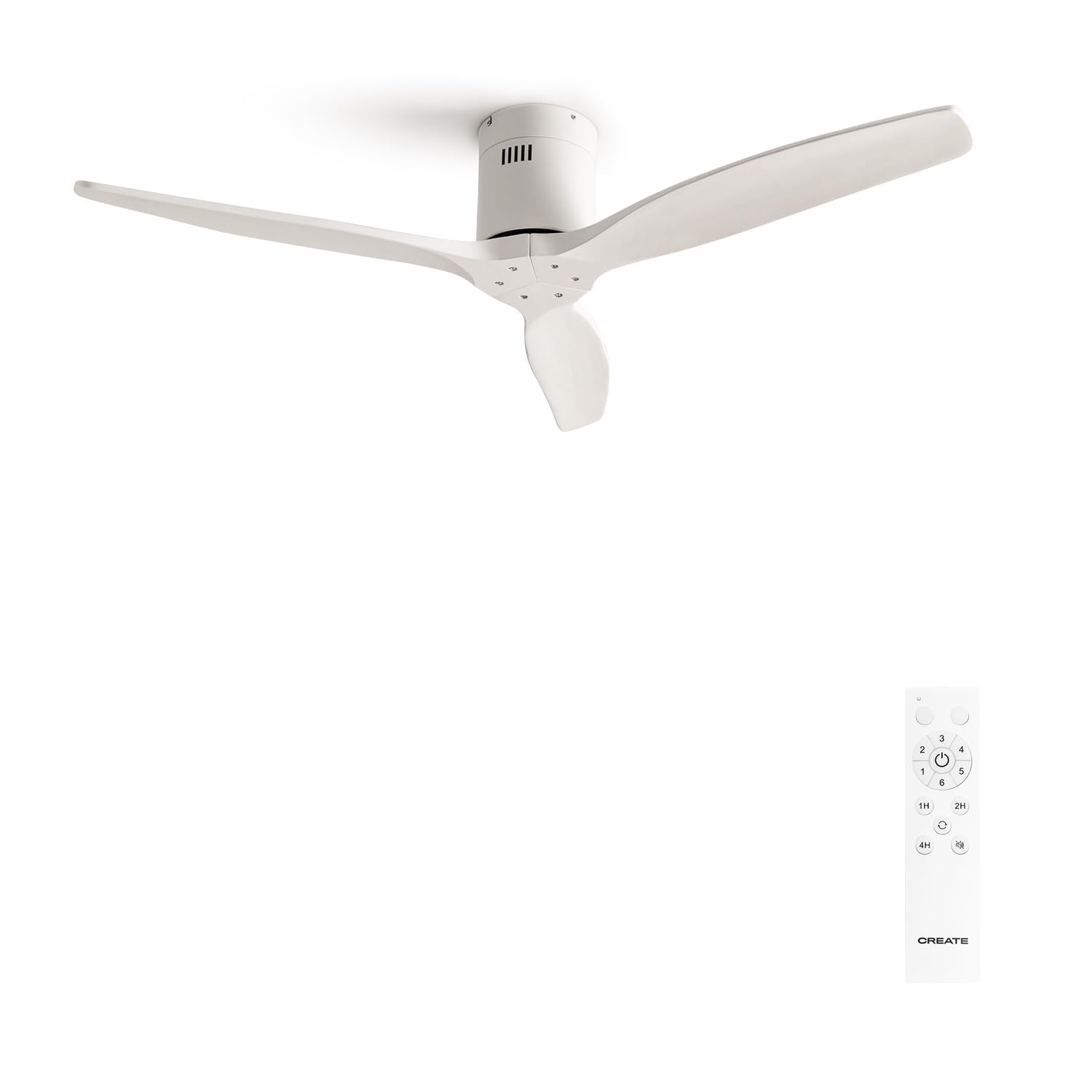 CREATE WINDCALM Deckenventilator – Weiss mit Fernbedienung. Runder, weißer Ventilator. Erzeugt kühlenden Luftstrom in Räumen.