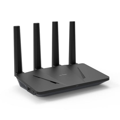 GL.iNet GL-AX1800 (Flint) WiFi 6 Dual Band Gigabit Router, schwarzer, rechteckiger Router mit Antennen. Bietet WiFi 6 Dual Band Gigabit WLAN für Heimnetzwerke.