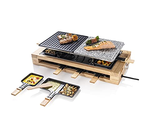 Bestron Raclette Grill XL - Party Grill mit Steinplatte: Schwarzer, rechteckiger Raclette-Grill mit Natursteinplatte. Ermöglicht das gleichzeitige Grillen und Überbacken von Speisen für gesellige Runden.
