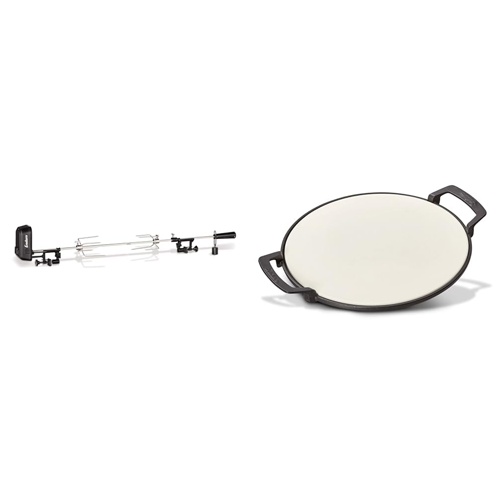 Enders Grillzubehör Set: Grillspiess Pro & Switch Grid Pizzastein. Langer Metall-Grillspiess; runder, grauer Cordierit-Pizzastein. Für Rotisserie-Grillgut und knusprige Pizza.