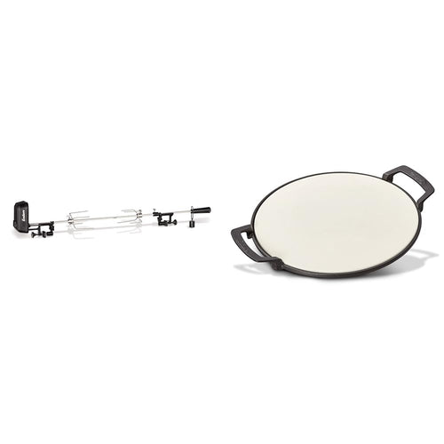 Enders Grillzubehör Set: Grillspiess Pro & Switch Grid Pizzastein. Langer Metall-Grillspiess; runder, grauer Cordierit-Pizzastein. Für Rotisserie-Grillgut und knusprige Pizza.